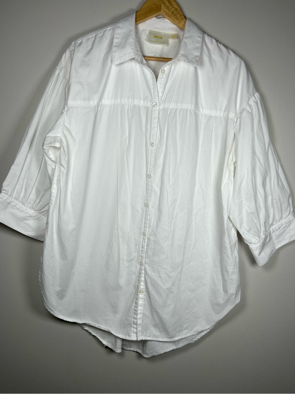 Maeve Anthropologie Poplin Puff Sleeve Button Down 100% Cotton White Shirt - Picture 6 of 15